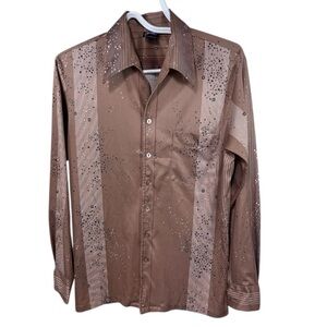 70s Vintage Joel Brown Stripe & Dot Dagger Collar Mens Button Shirt Size Medium